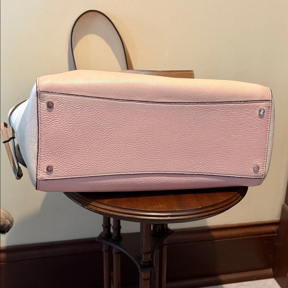 Kate Spade tote bag peachy beige cream taupe color block cinching sides EUC